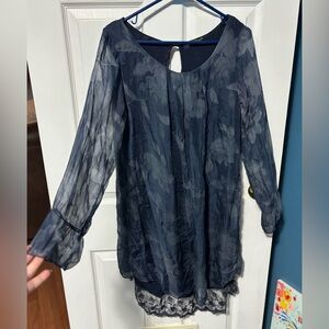 H Trend Chic Navy Floral Lace Back Women's Blouse Made in Italy Size Small